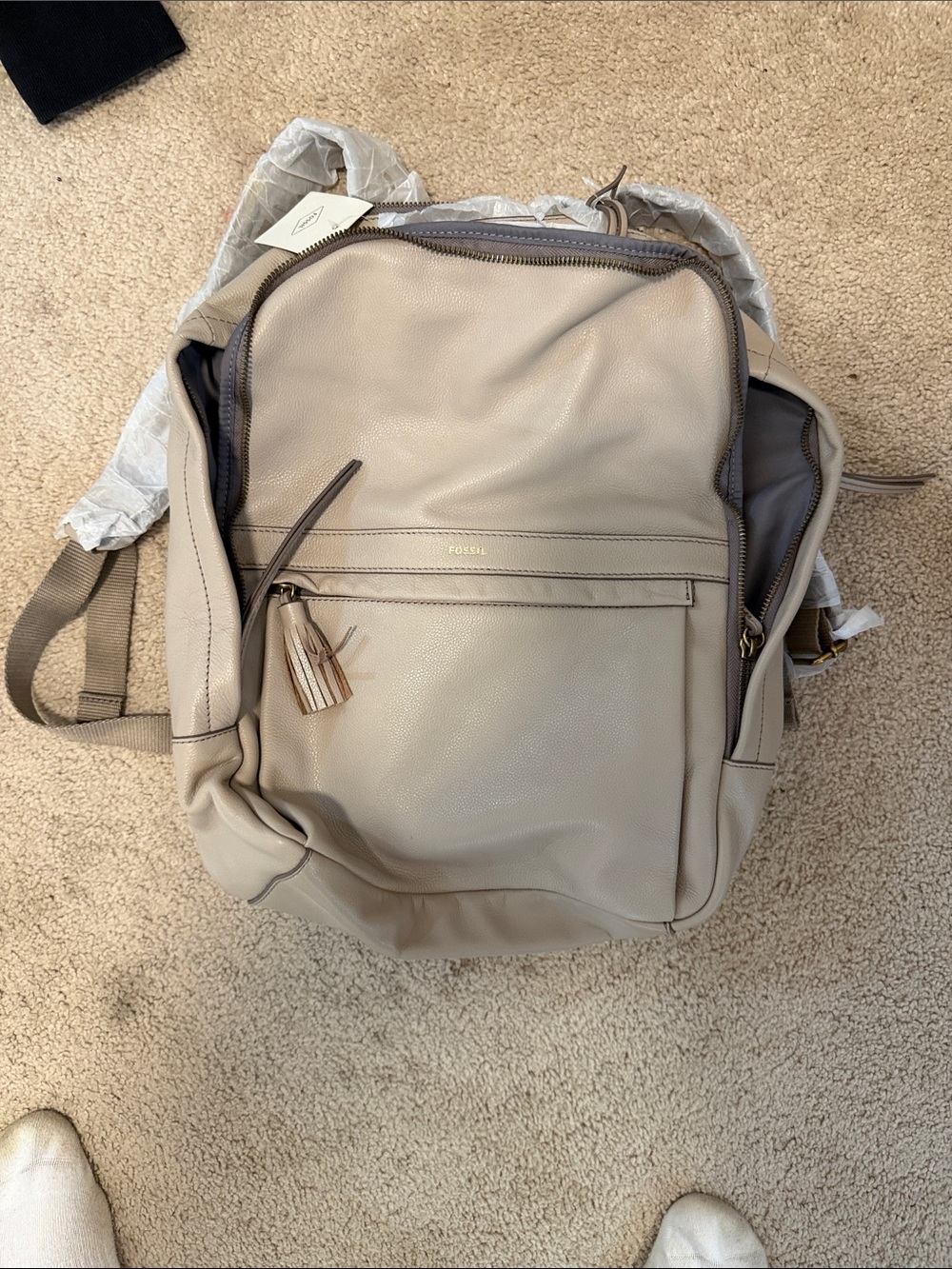 Fossil Beige Leather Backpack with Tassel Accent